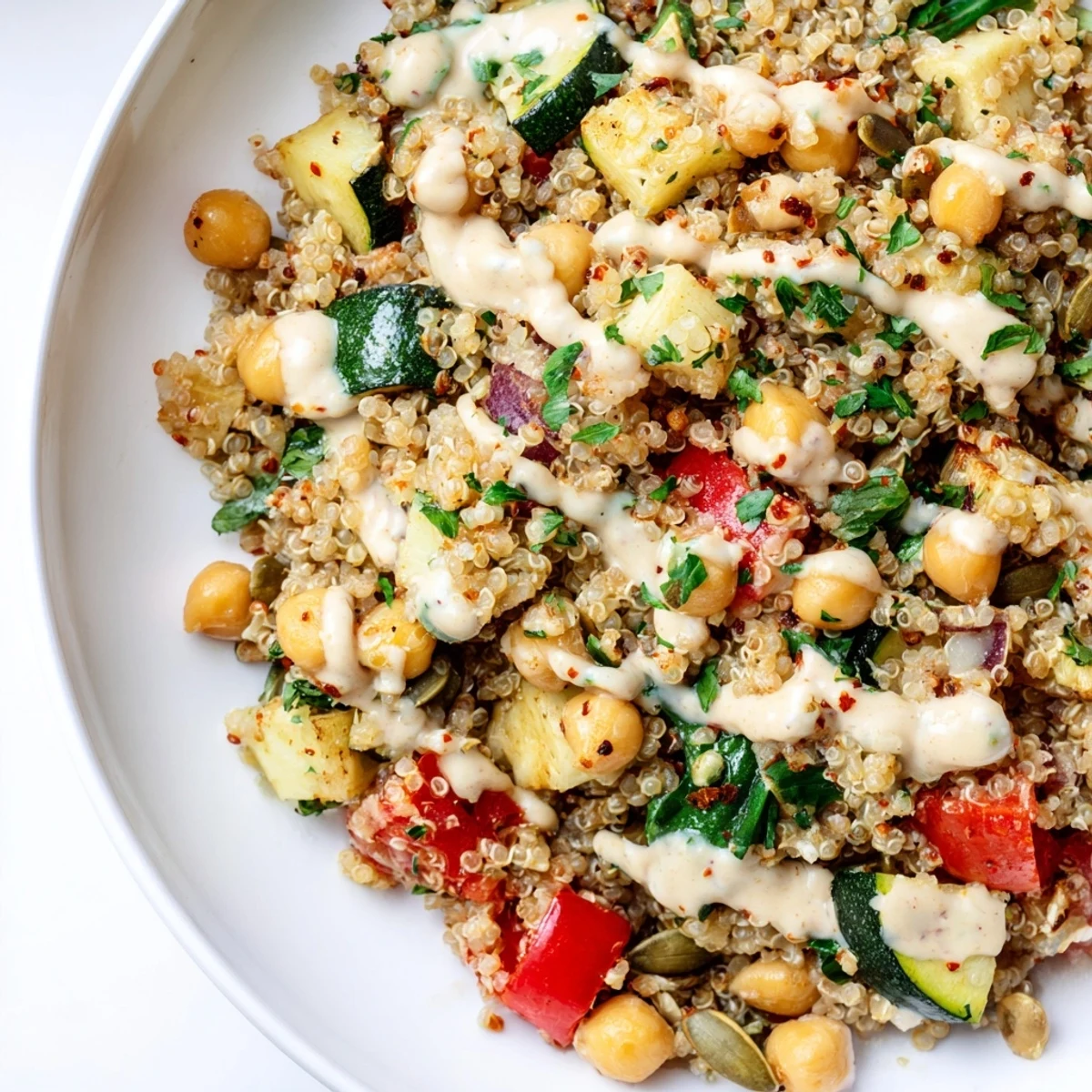 Hearty quinoa power protein salad with chickpeas and spinach, ideal for a light, filling meal.