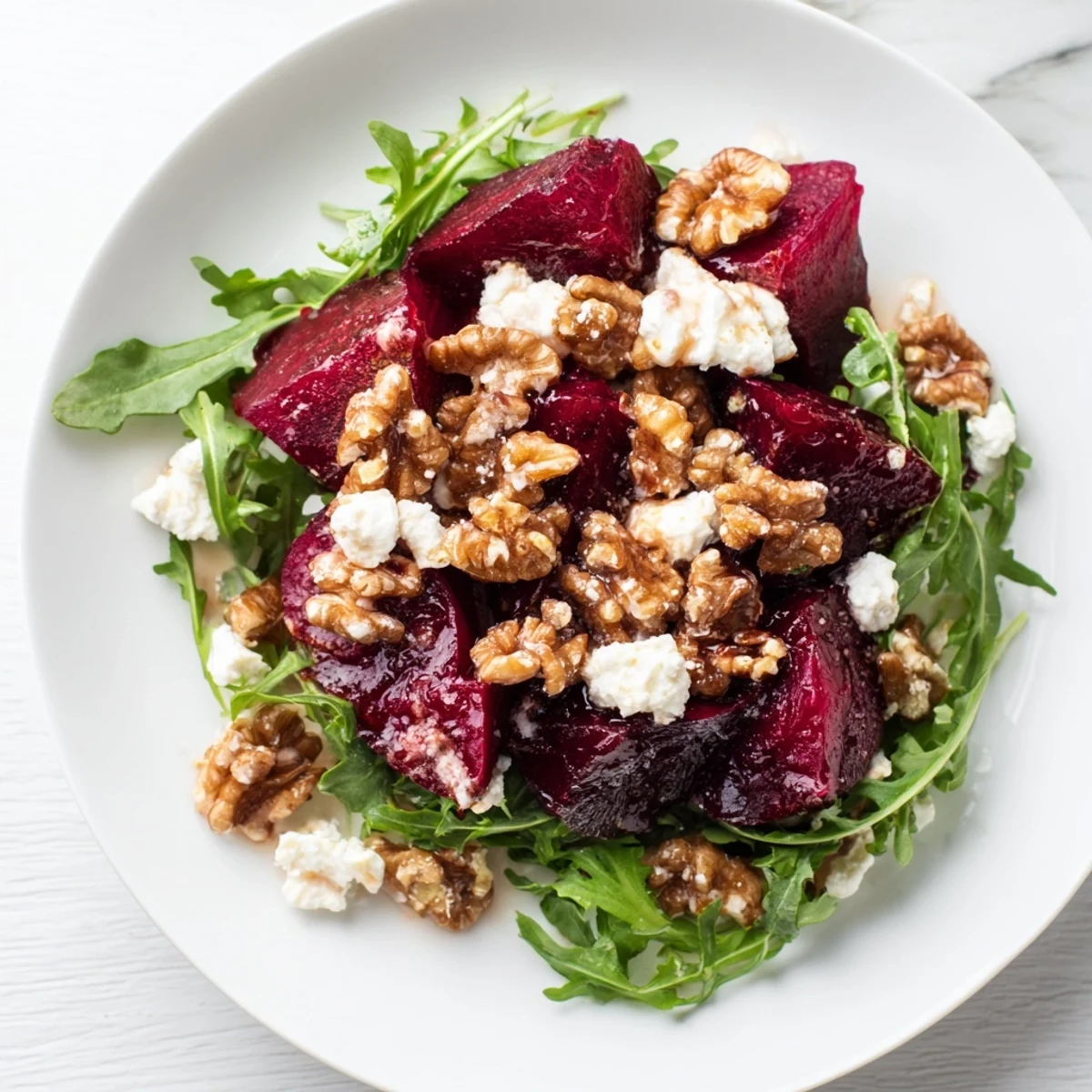 A close-up of a beautifully plated Roasted Beet Walnut Salad, perfect for a light lunch.