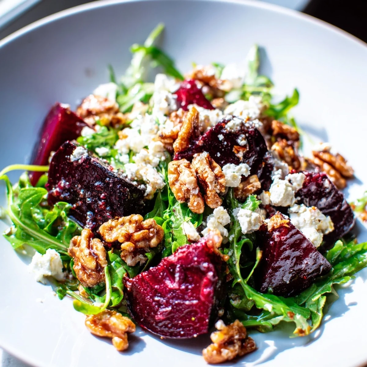 Fresh, colorful Roasted Beet Walnut Salad: a vegetarian delight with tangy vinaigrette drizzled.
