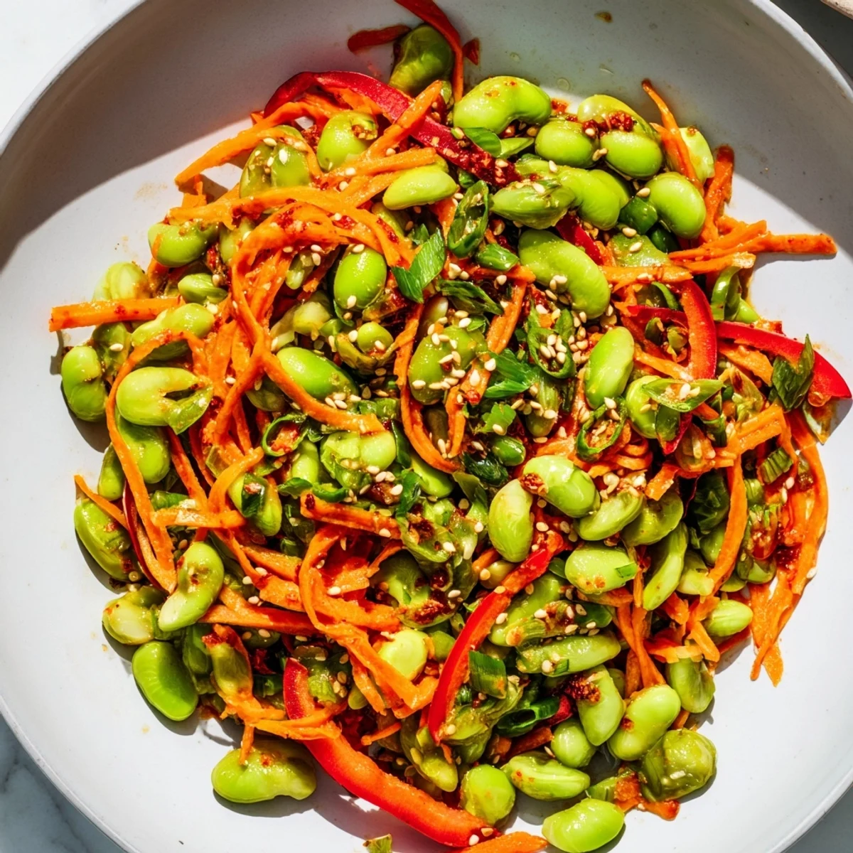 Fresh Asian Edamame Salad, a colorful mix of green edamame and bright vegetables, ready to eat.