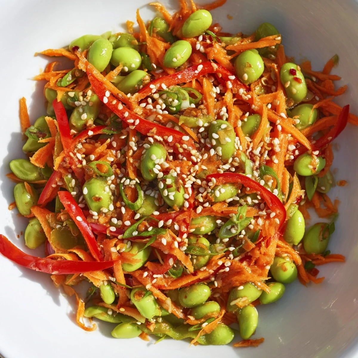 View of a refreshing Asian Edamame Salad, coated in a sesame ginger sauce and sprinkled with seeds.