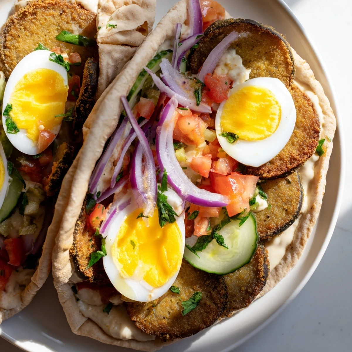 Golden, crispy fried eggplant and creamy tahini inside a warm pita for Israeli sabich.