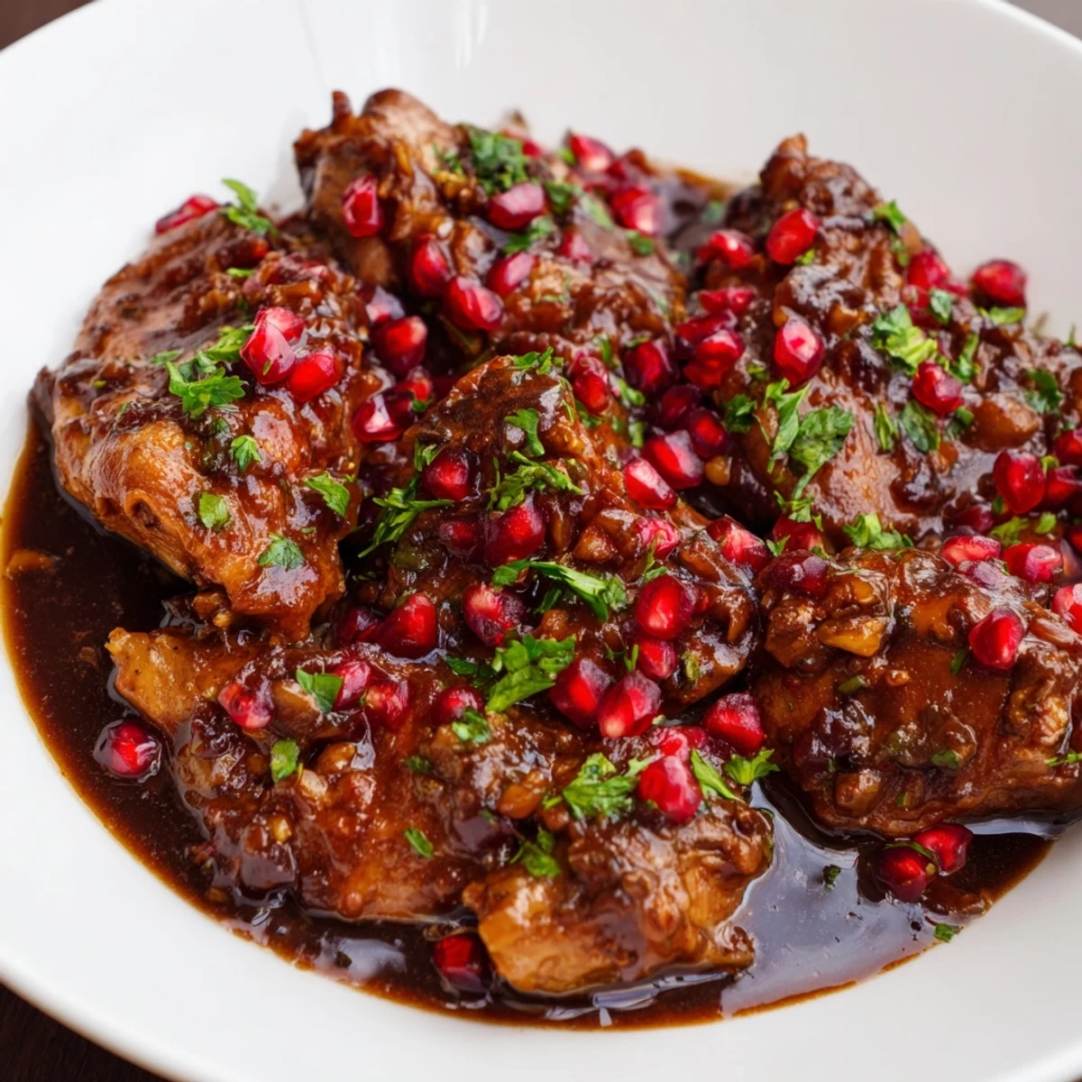 Tender chicken in rich Iranian Fesenjan stew, a deeply flavored Persian dish, ready to savor.