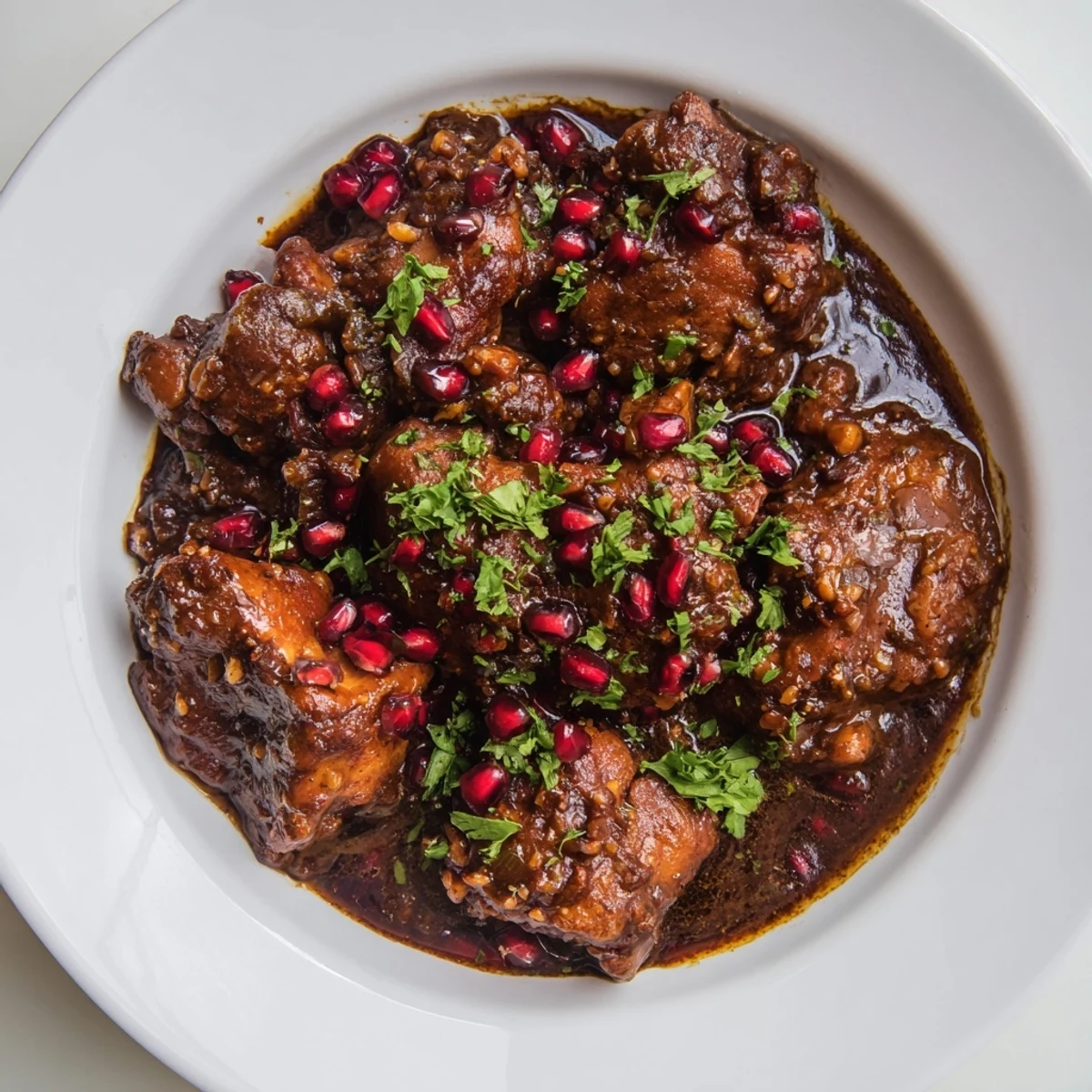 Aromatic Iranian Fesenjan stew with glistening walnuts and pomegranate, perfect for a cozy dinner.