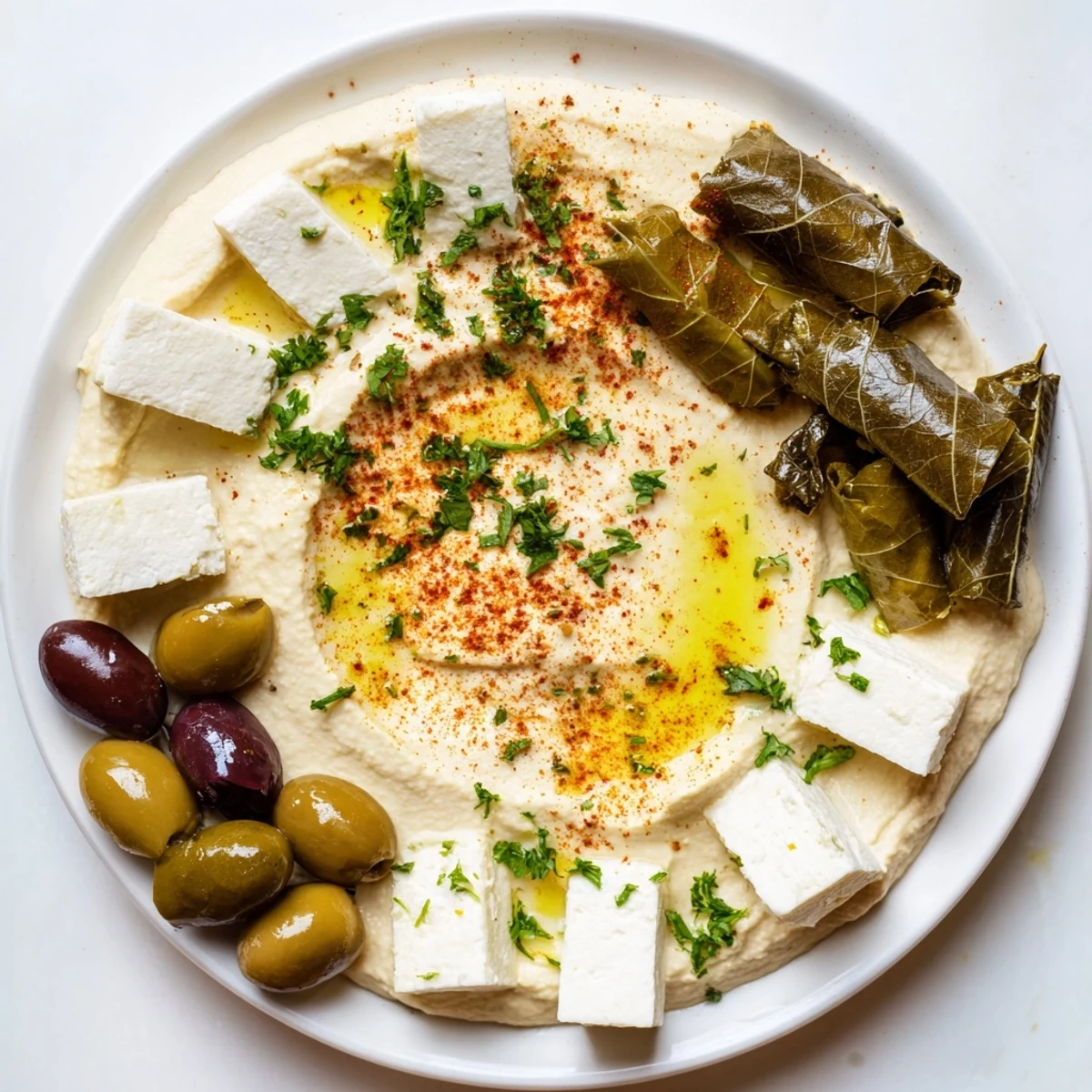 A colorful Turkish Meze Platter overflowing with creamy hummus, cheeses, and olives, ready to enjoy.