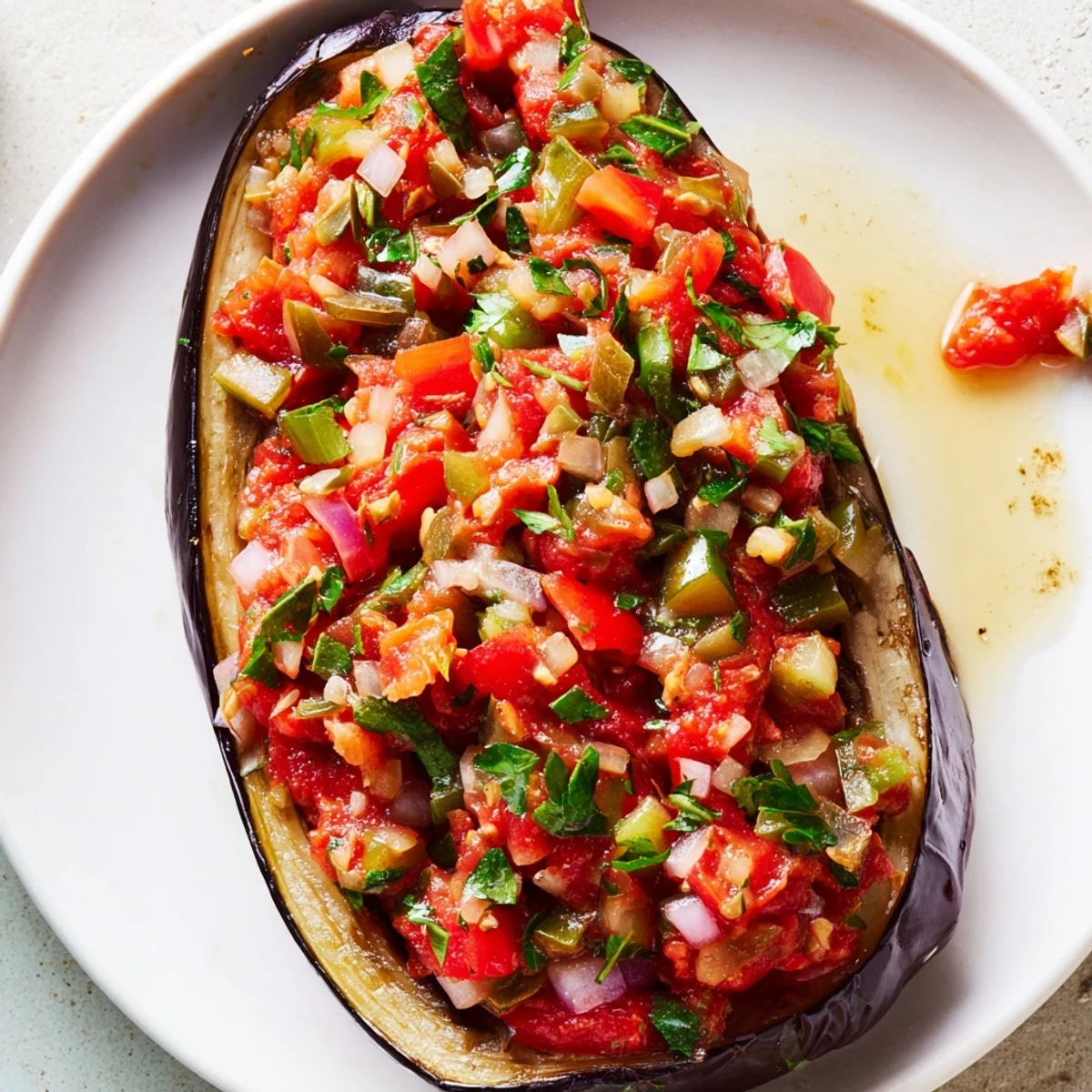 Golden-brown Imam Bayildi, showcasing tender eggplant halves overflowing with flavorful tomato sauce.