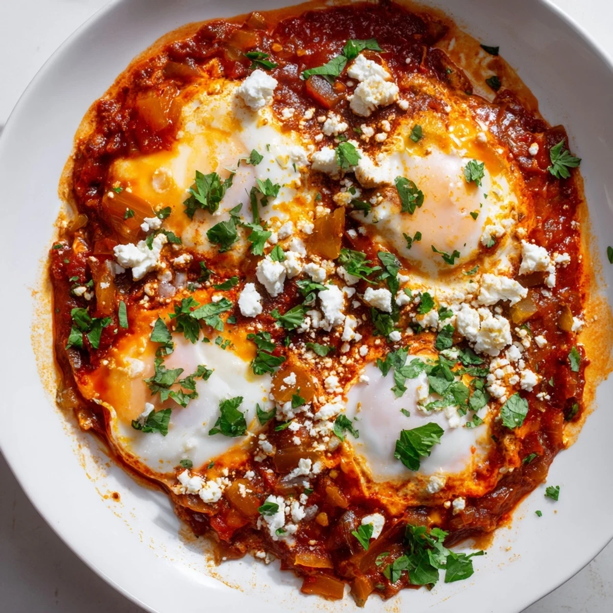 A steaming skillet of Israeli Shakshuka Eggs, with perfectly poached eggs in flavorful tomato sauce.