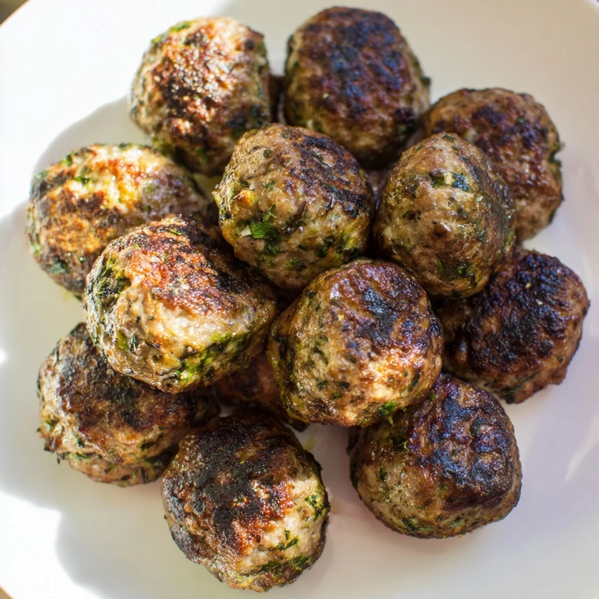 Golden brown Turkish Köfte meatballs, pan-fried to perfection, are ready to serve with fresh herbs.