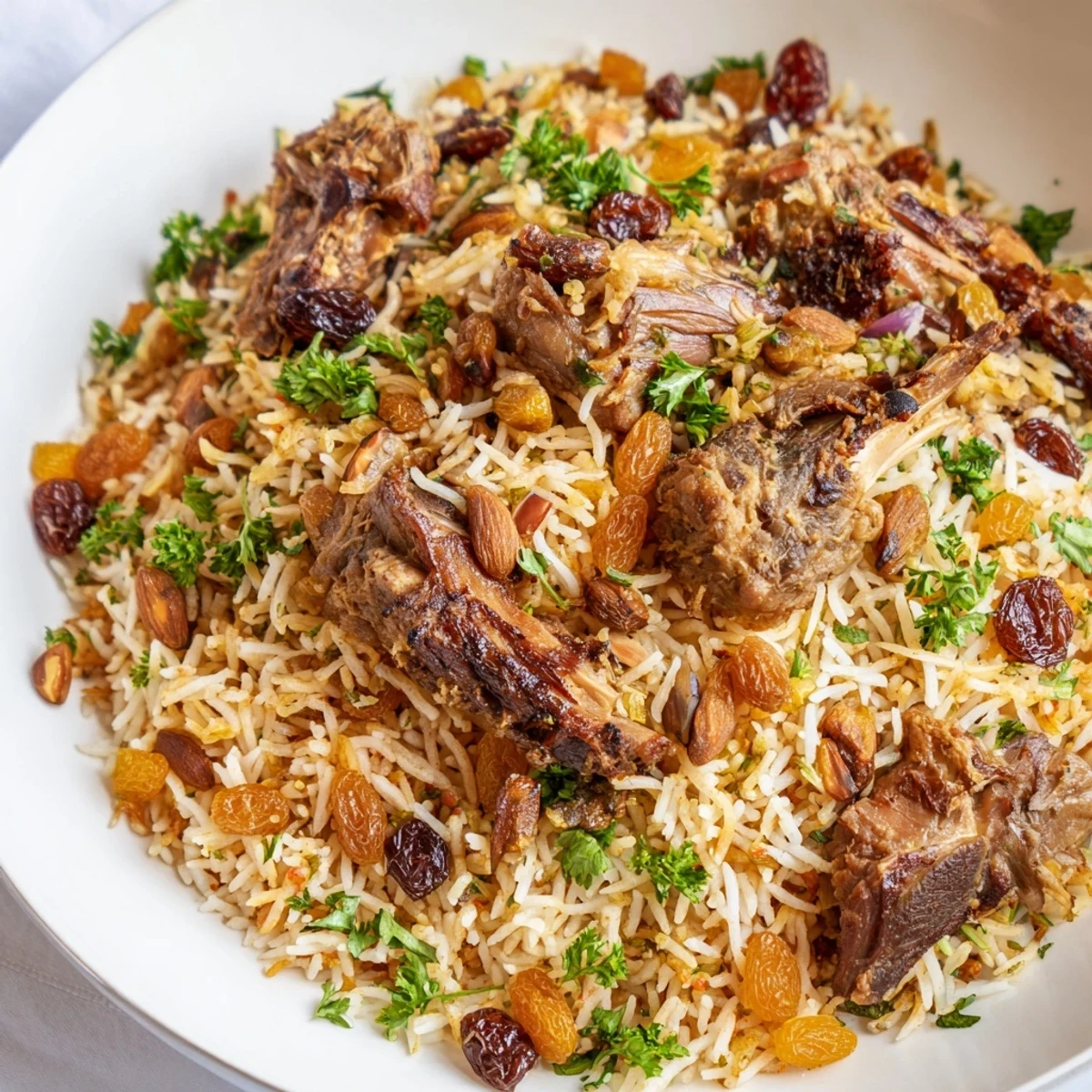 Fluffy Saudi Kabsa Rice with tender meat, fragrant spices, and toasted almonds for serving.