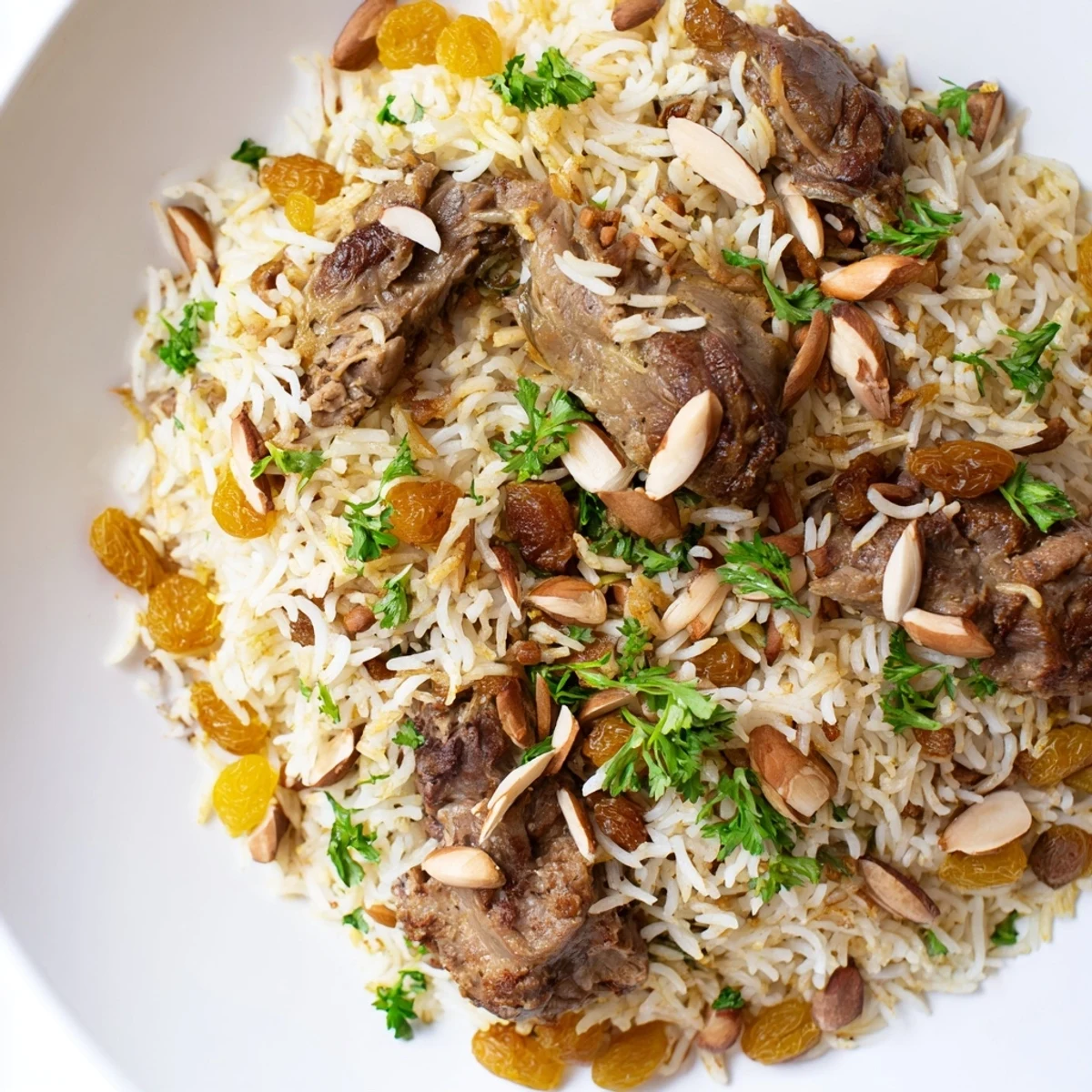Delicious and aromatic Saudi Kabsa Rice served, showcasing the fluffy rice with golden almonds and herbs.