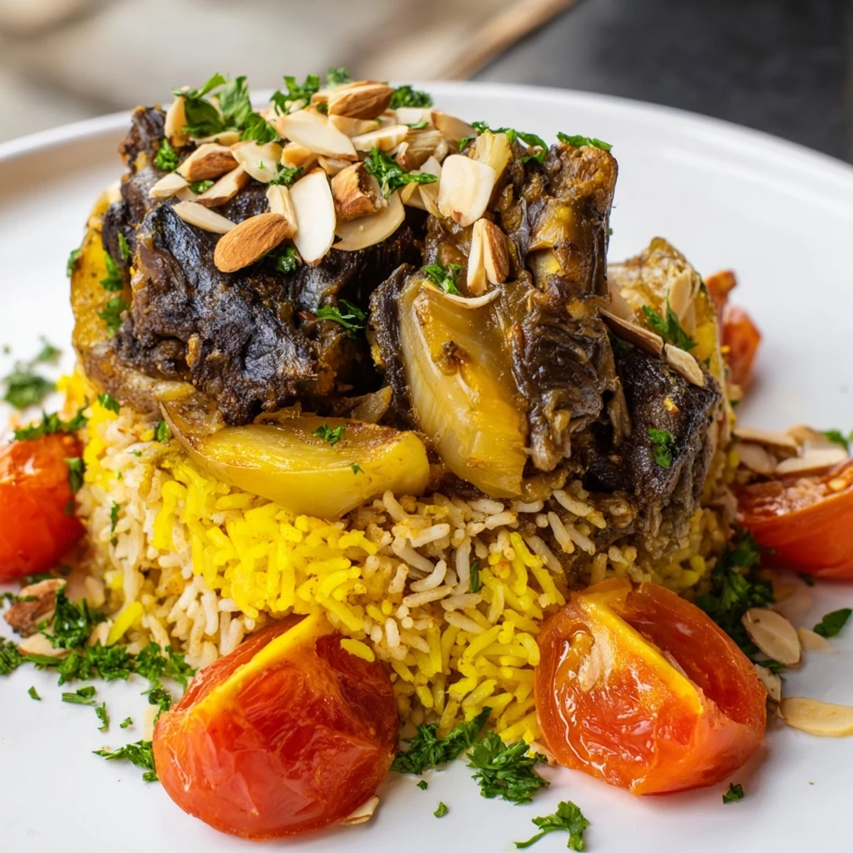 Palestinian Maqluba, a beautifully flipped rice dish, showcases layers of flavorful lamb and vegetables.