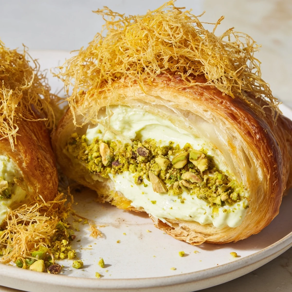 Buttery Pistachio Cream Croissants: Flaky layers with a luscious pistachio cream filling, ready to eat.