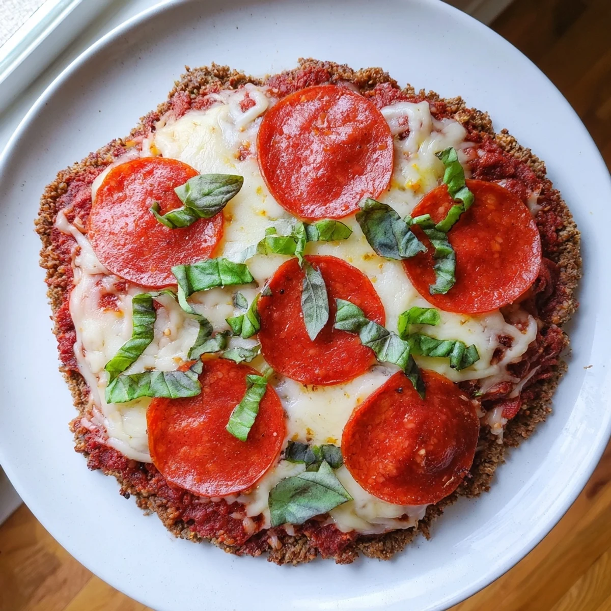 Pepperoni and cheese sizzle on a homemade ground beef pizza base fresh from the oven.