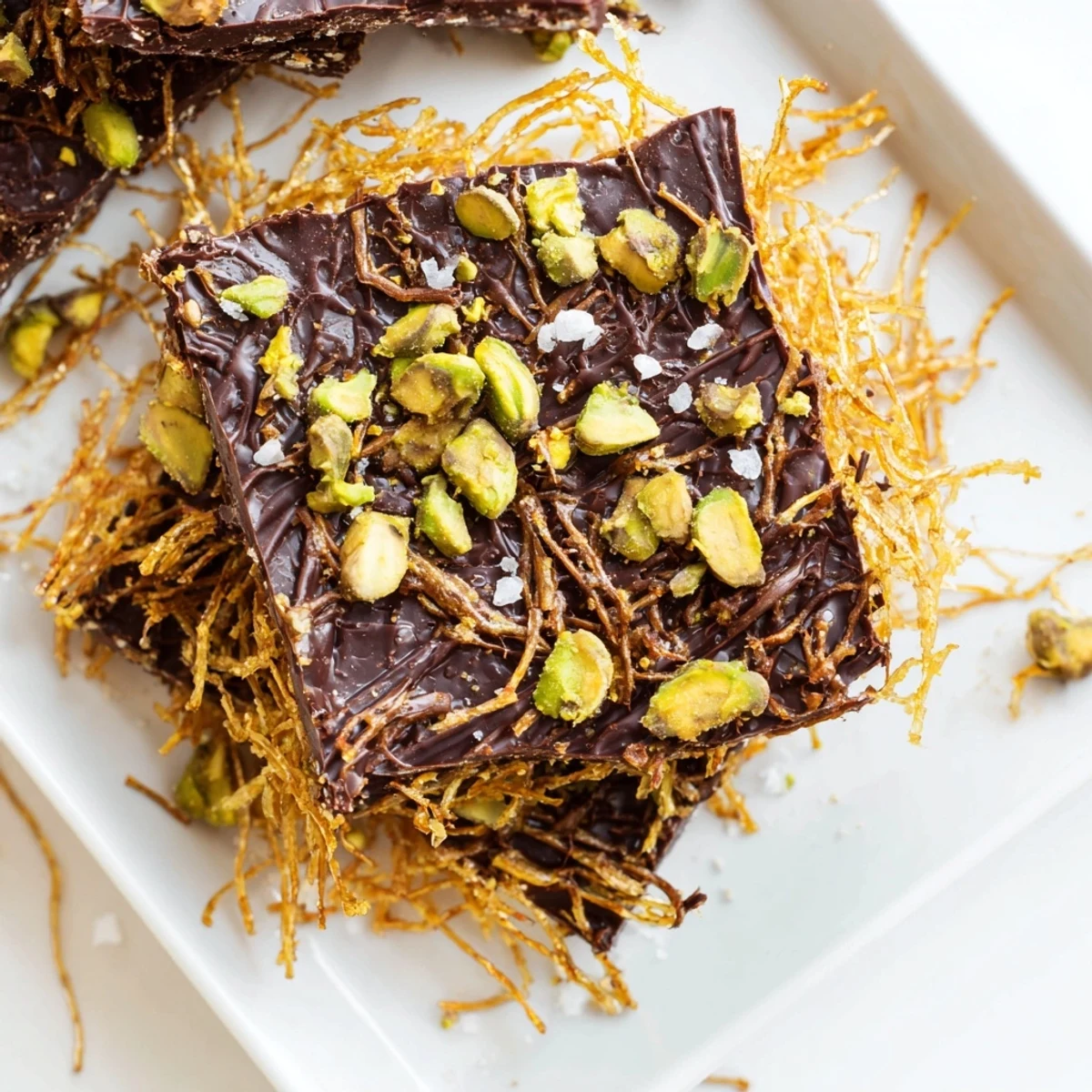 Golden kataifi chocolate crunch bark, a sweet dessert treat with crispy shredded phyllo crust.