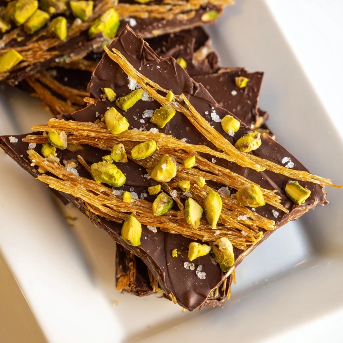 Kataifi chocolate crunch bark shows melted chocolate mixed with golden kataifi and crunchy pistachios.