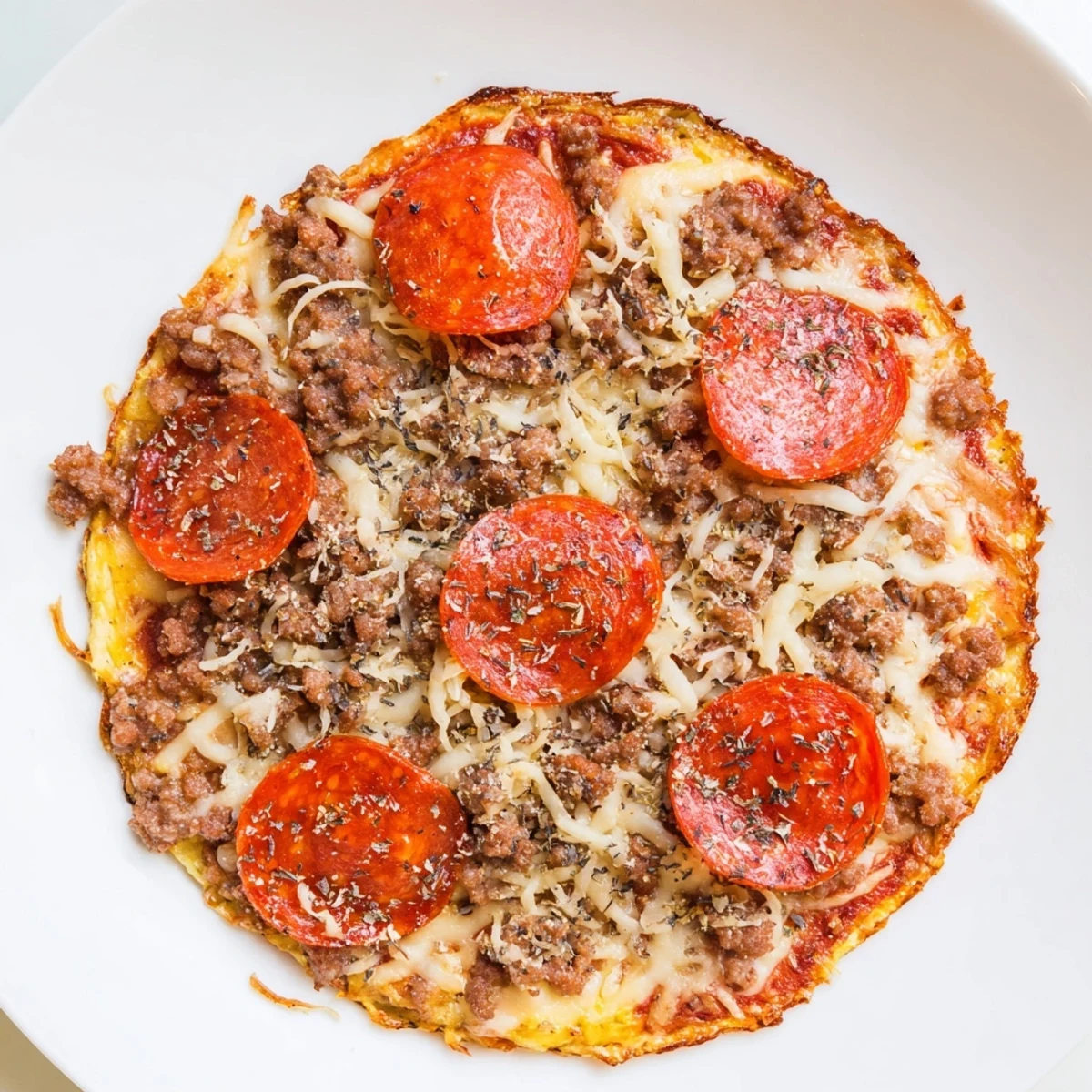 Golden, bubbly Meat Pizza Pepperoni Stack with savory beef, herbs, and spicy pepperoni, ready to eat.