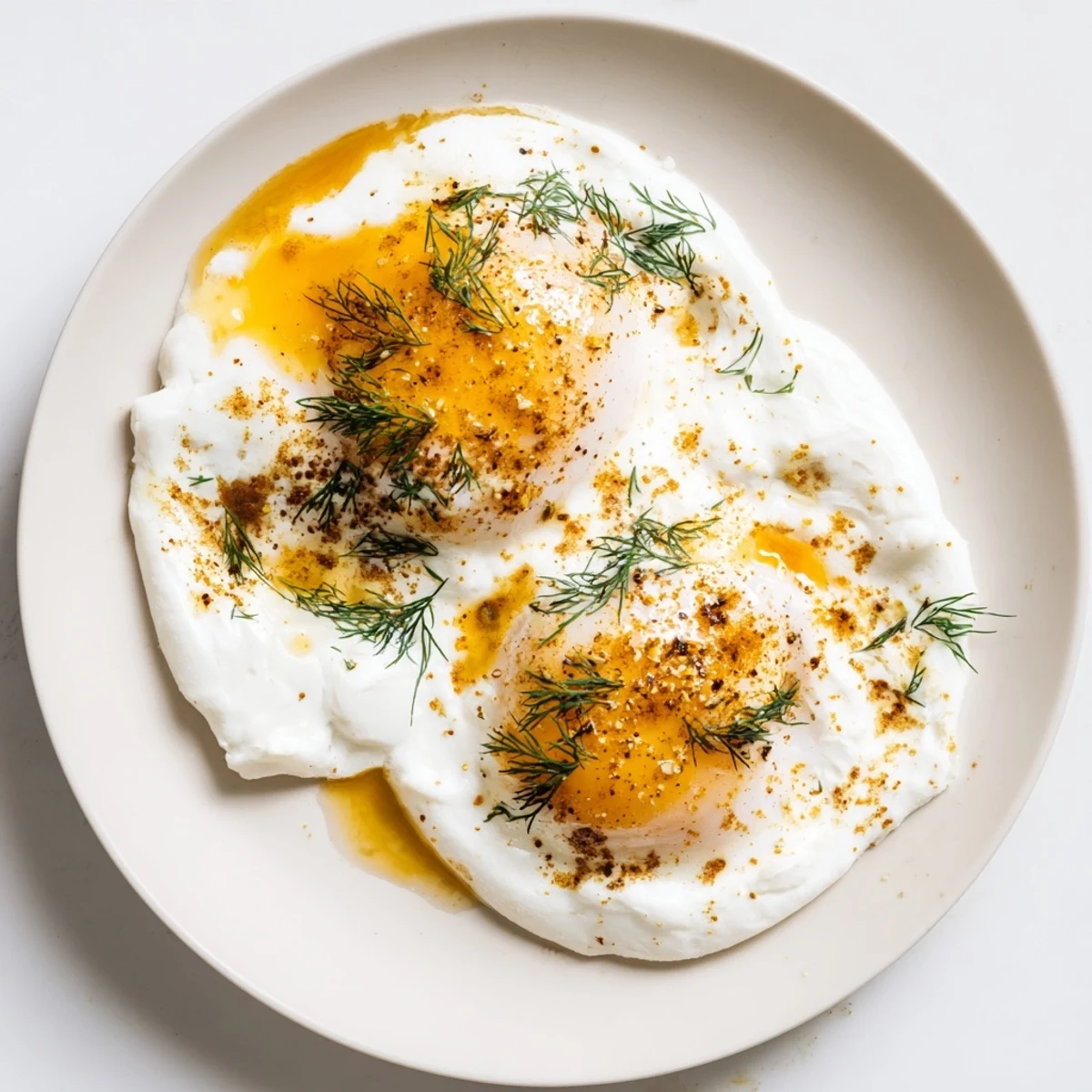 Golden brown butter cascades over the beautifully plated Cilbir, a Turkish breakfast delight of eggs and yogurt.