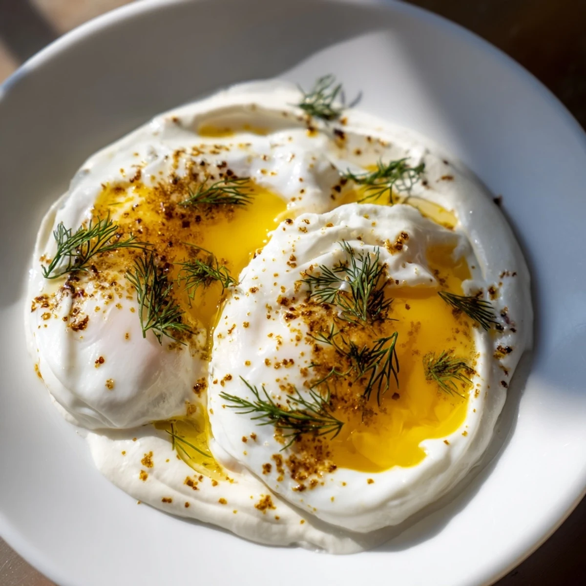 Vibrant image of Cilbir, showcasing creamy yogurt topped with perfectly poached eggs and spiced butter.