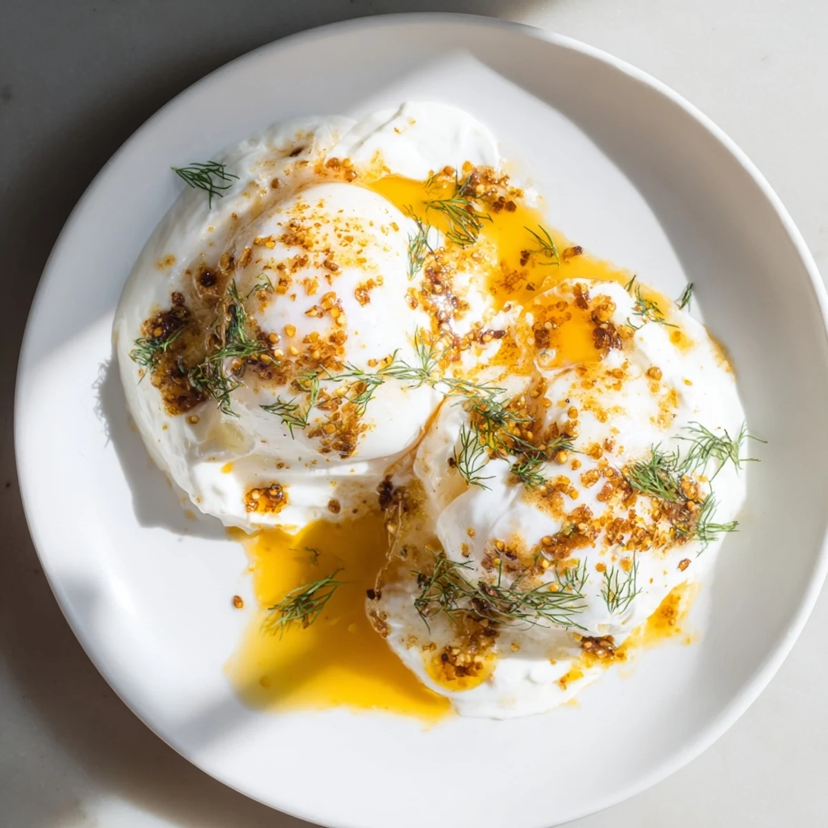 Imagine the rich flavors: Cilbir ready to enjoy, with runny yolks and the aromatic spiced butter.