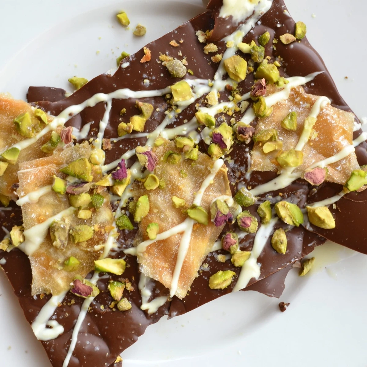 A close-up of Pistachio Dubai Chocolate Bark, showing layers of chocolate and crunchy pistachios.