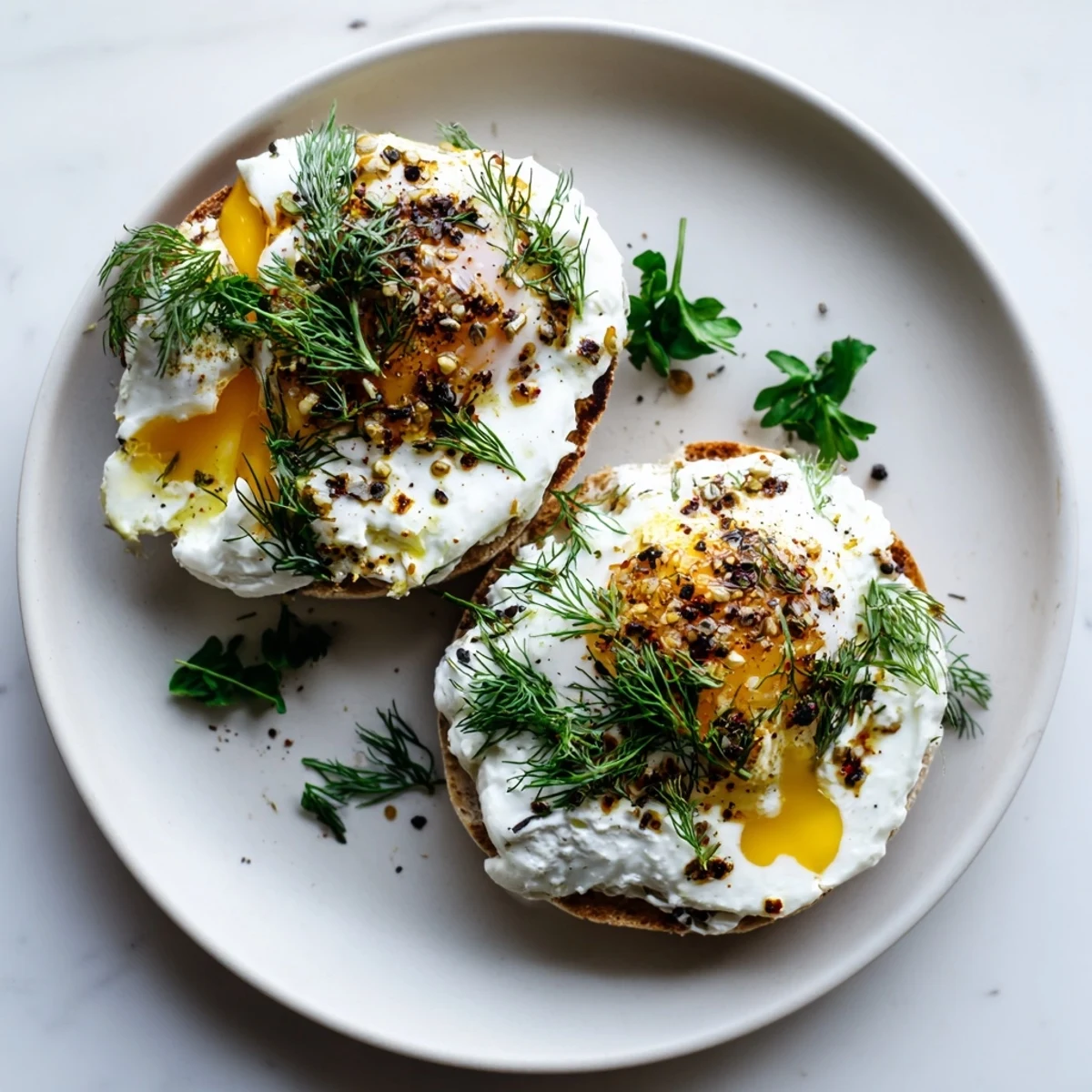 A plate showcasing vibrant Çılbır Eggs Benedict, creamy poached eggs on savory garlic yogurt and spiced butter.