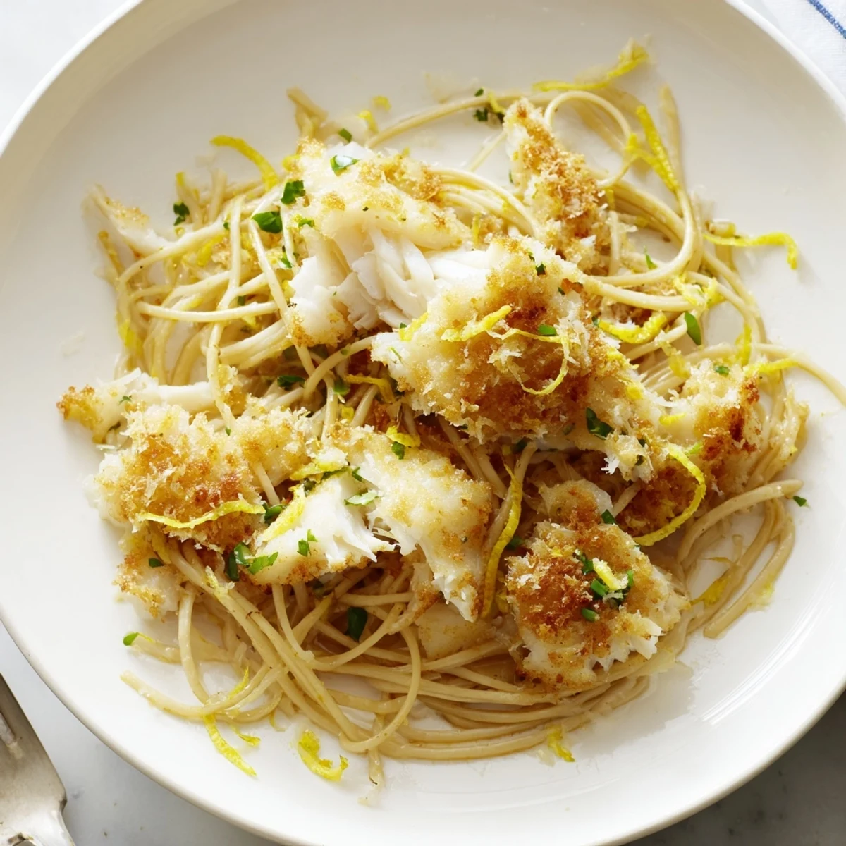 Serving Crispy Fish Pasta with zesty lemon wedges, chopped chives, and a light drizzle of olive oil for a Mediterranean-inspired dinner.