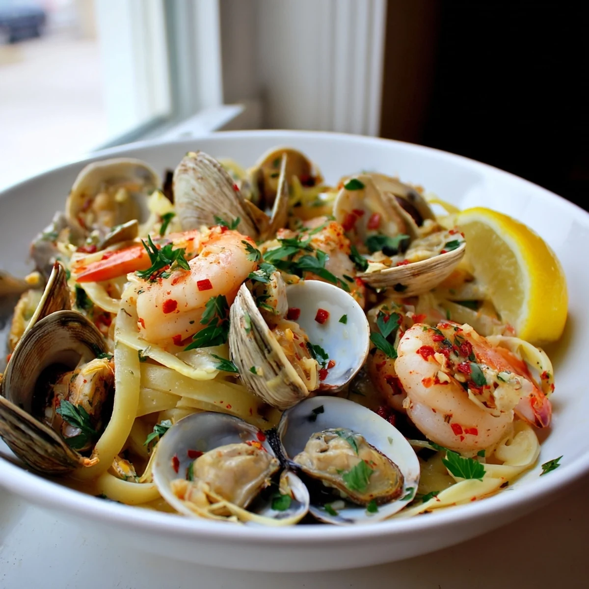 Plated seafood linguine with tender clams and shrimp, ready to serve with a glass of crisp white wine for a cozy Italian dinner.