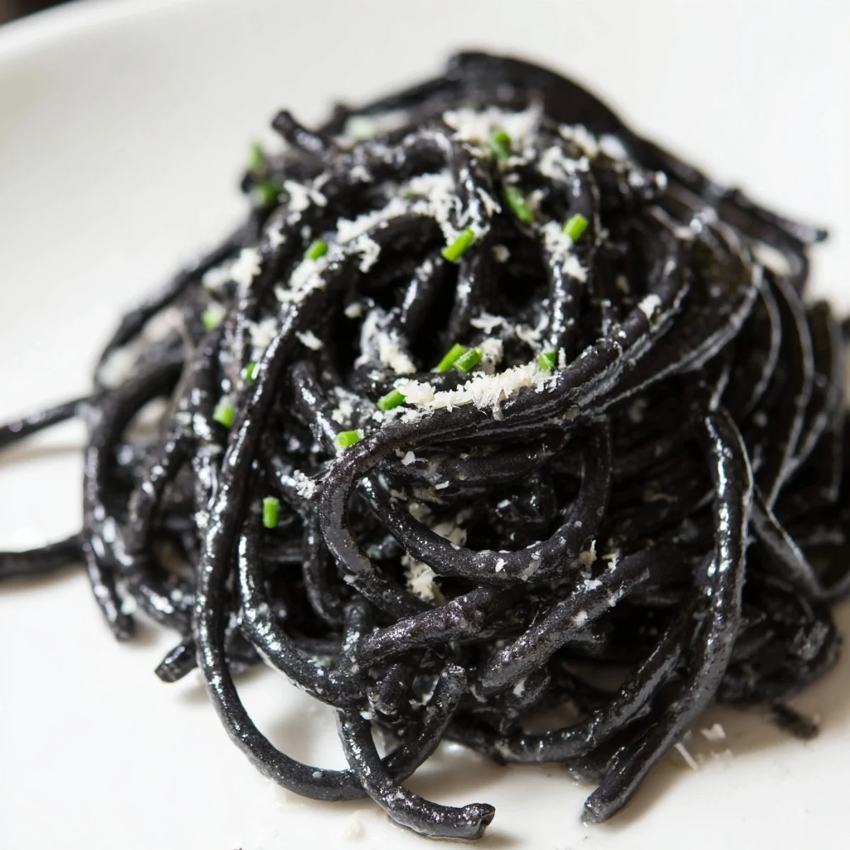 A close-up of squid ink pasta glistening with a silky cream sauce, garnished with fresh chives and grated Parmigiano-Reggiano.