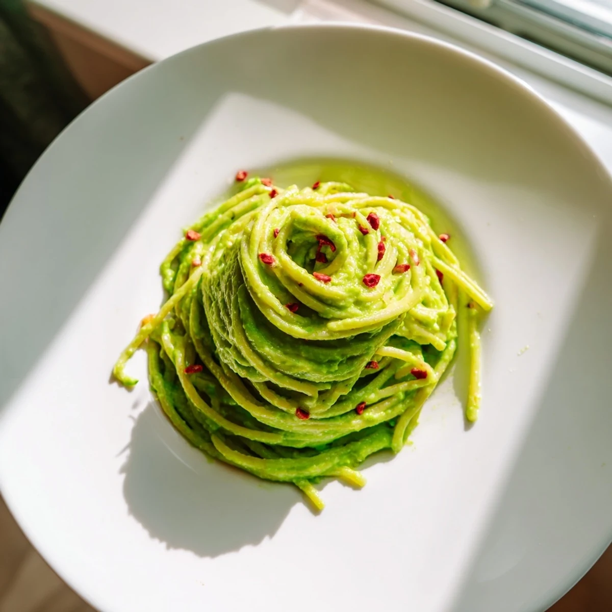 Creamy avocado pasta tossed with lime zest and chili flakes served warm in a white bowl.