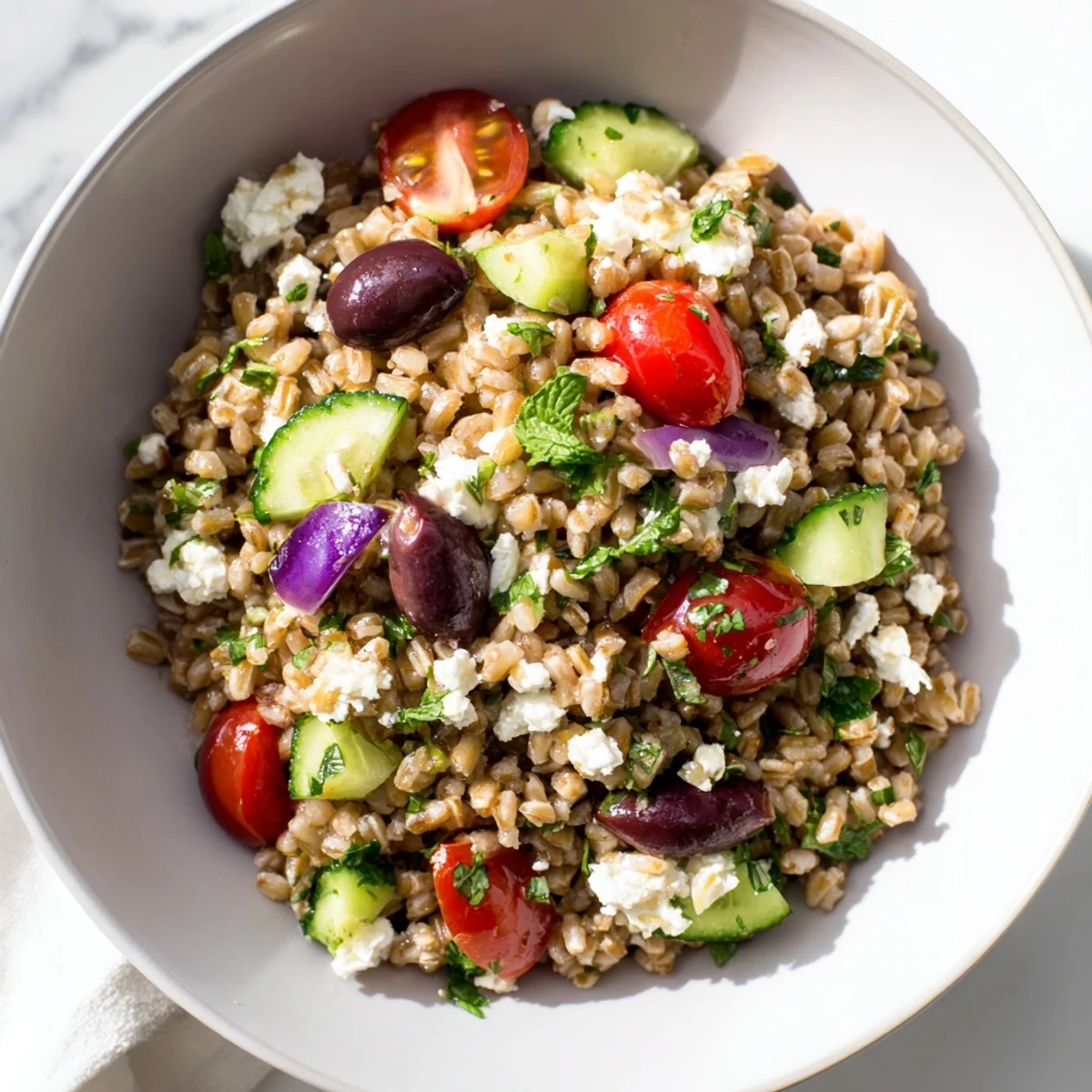 Farro Salad Mediterranean served chilled with cherry tomatoes, cucumbers, and Kalamata olives on a rustic table.