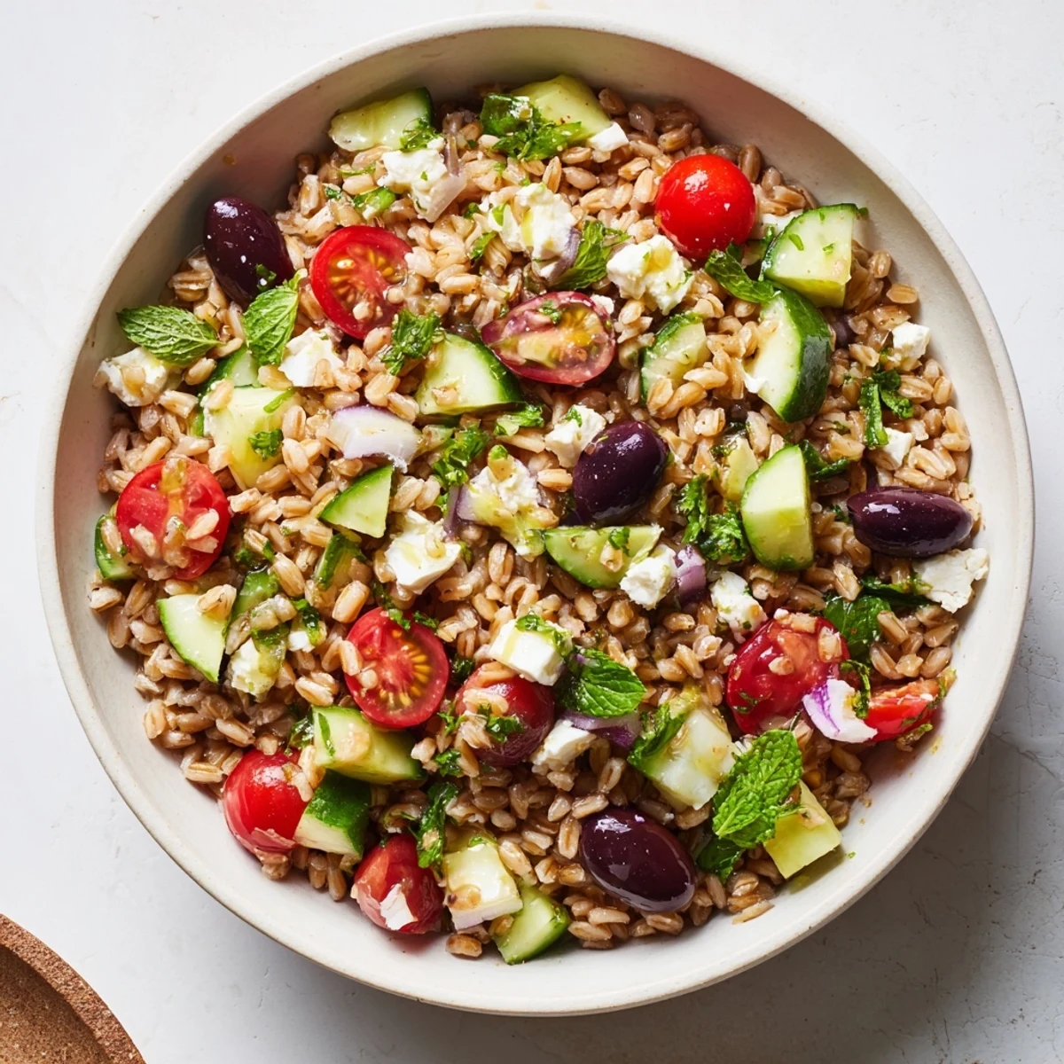 A close-up of Farro Salad Mediterranean topped with creamy feta, red onion, and zesty lemon-oregano dressing.