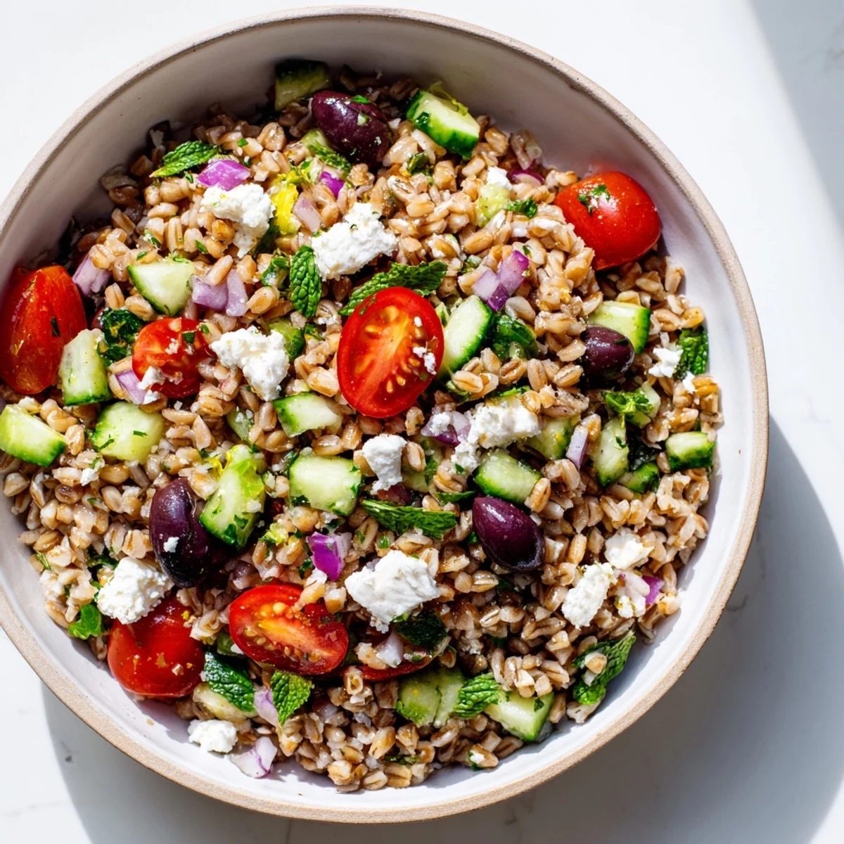 A bowl of Farro Salad Mediterranean garnished with fresh parsley and mint, perfect for a light lunch.