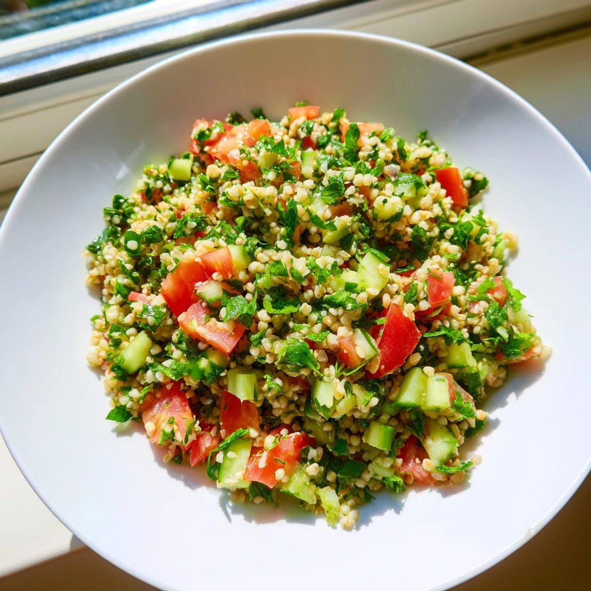 Freshly chopped parsley, mint, ripe tomatoes, and cucumber mixed with fluffy bulgur wheat in a zesty lemon dressing.  