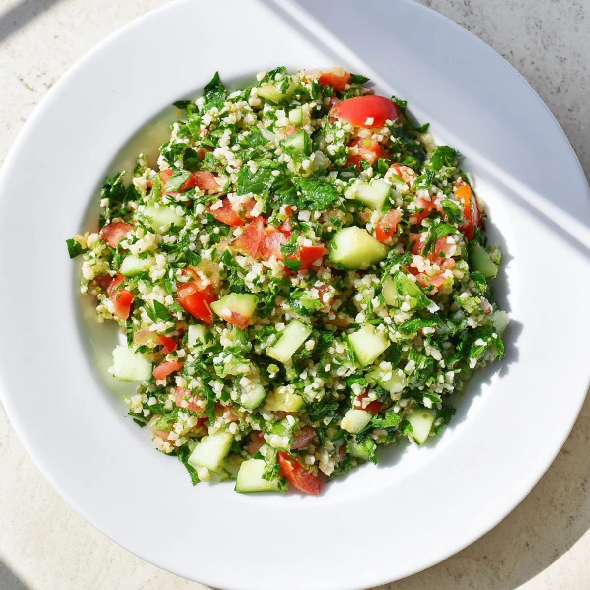 Colorful Mediterranean bulgur wheat salad tabbouleh served in a white bowl, garnished with fresh herbs and lemon slices.  