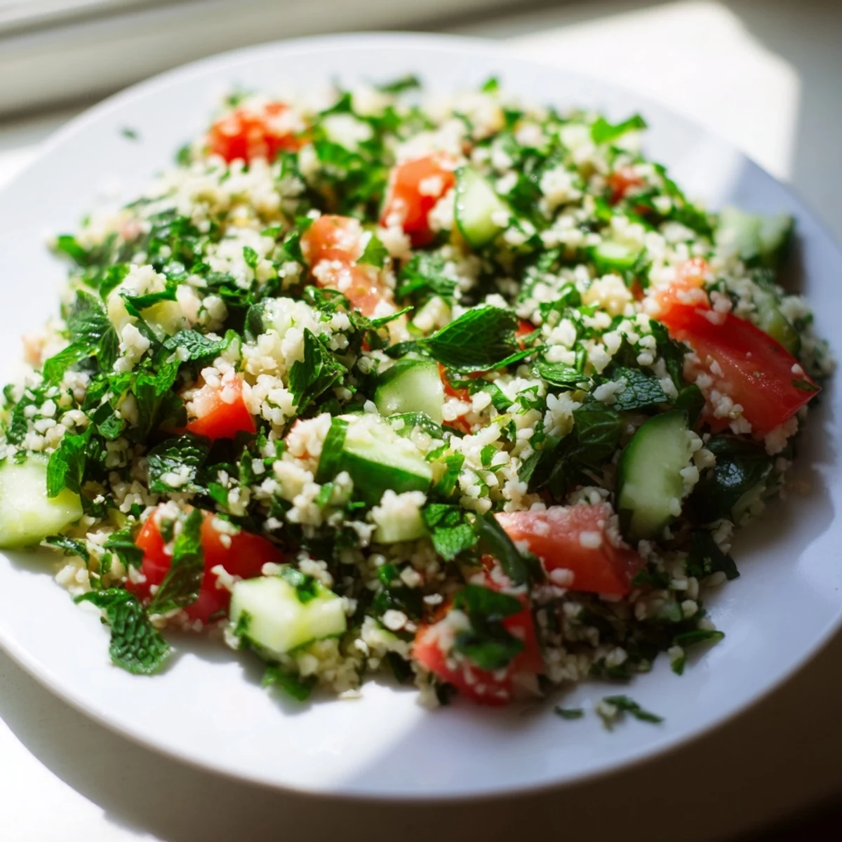 Vibrant vegetarian bulgur wheat salad tabbouleh featuring diced tomatoes, cucumbers, and herbs on a rustic wooden table.