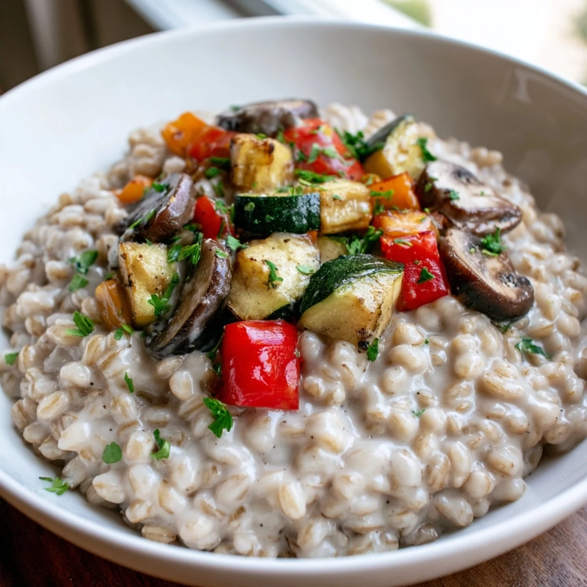 A comforting bowl of pearled barley topped with golden oven-roasted zucchini, red bell pepper, and cherry tomatoes, finished with fresh parsley.