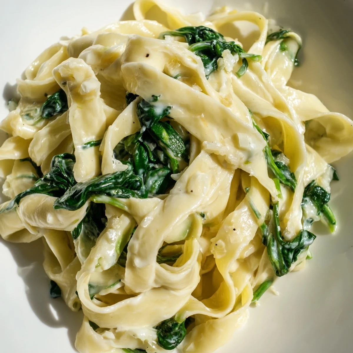 Wide egg noodles simmered in a velvety Parmesan cream, flecked with vibrant spinach and a hint of nutmeg for warmth.