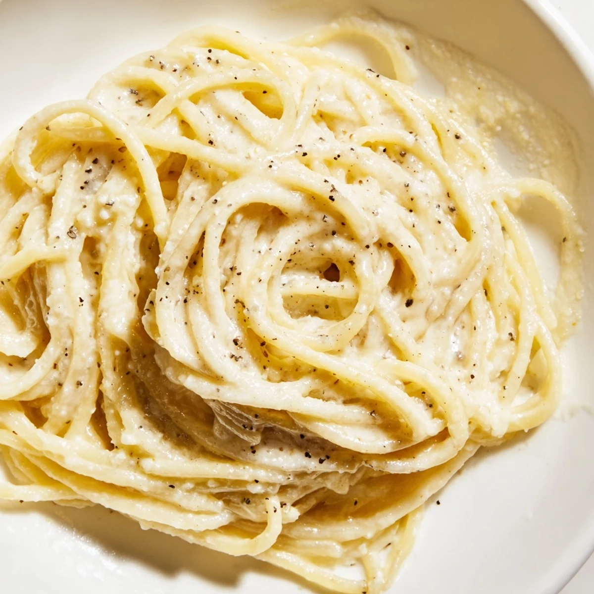 Creamy Spaghetti Cacio e Pepe topped with extra Pecorino Romano and freshly cracked black pepper served warm.  