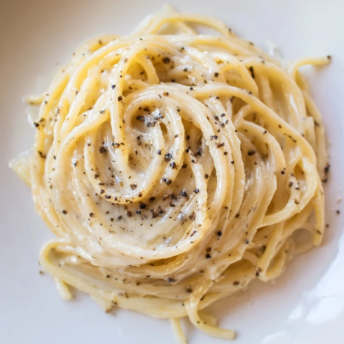 Steaming plate of Spaghetti Cacio e Pepe with glistening, silky sauce ready for a quick Italian dinner.  