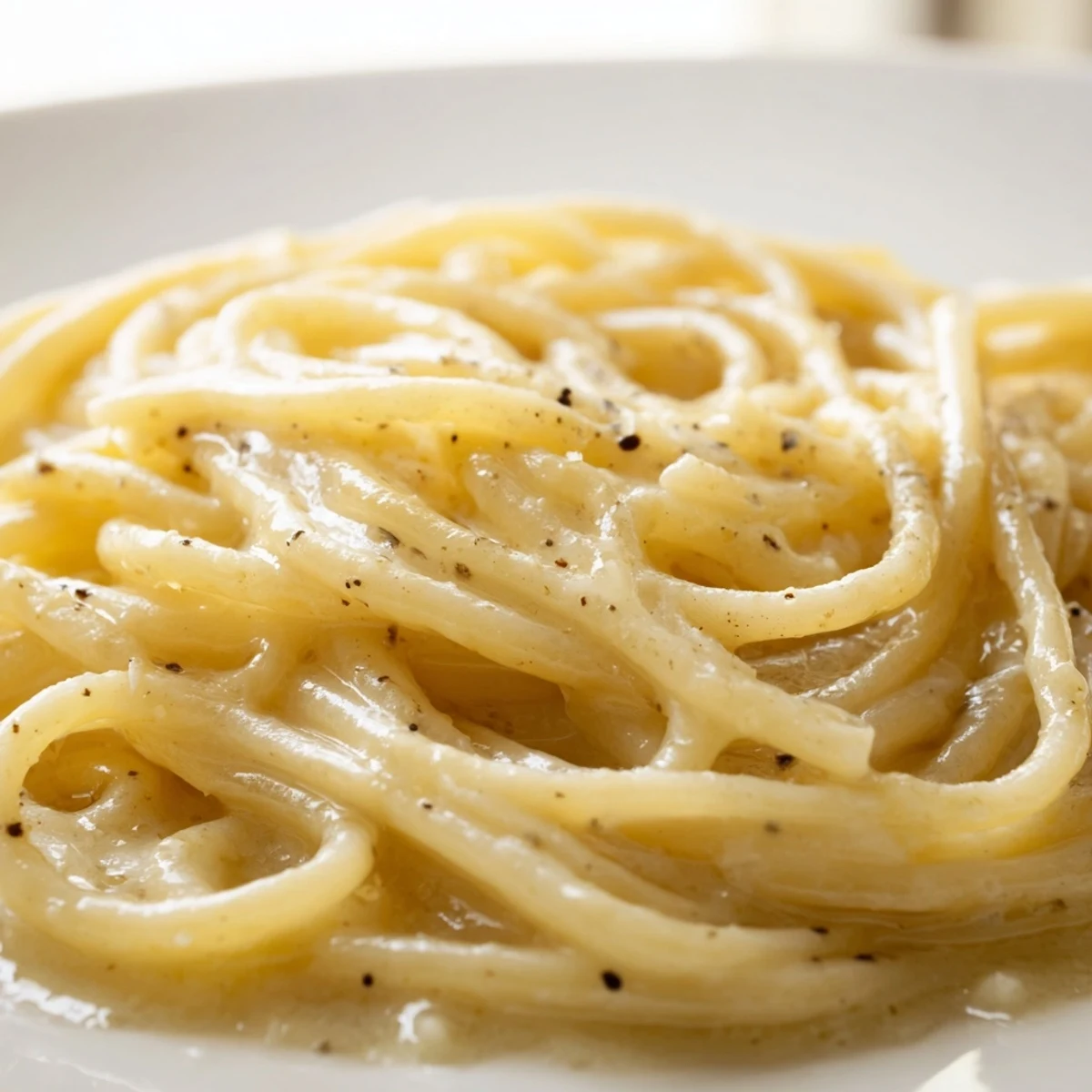 Homemade Spaghetti Cacio e Pepe tossed in a skillet, showcasing simple, authentic Roman pasta ingredients.