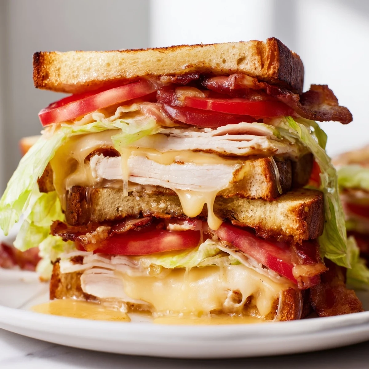 Golden-brown sourdough slices, layered with melted cheese, roasted turkey, and crispy bacon, make a hearty Turkey Club Grilled Cheese.  