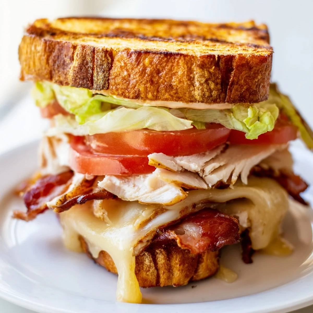 A close-up view of a toasted Turkey Club Grilled Cheese, stacked high with turkey, bacon, lettuce, and tomato.