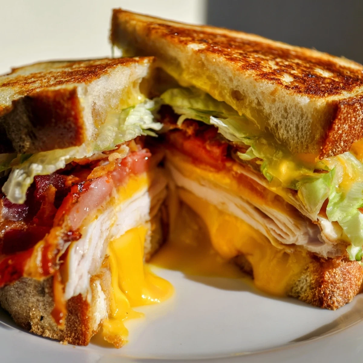 Sizzling slices of Turkey Club Grilled Cheese in a pan, featuring cheddar, bacon, and fresh vegetables on buttery bread.  