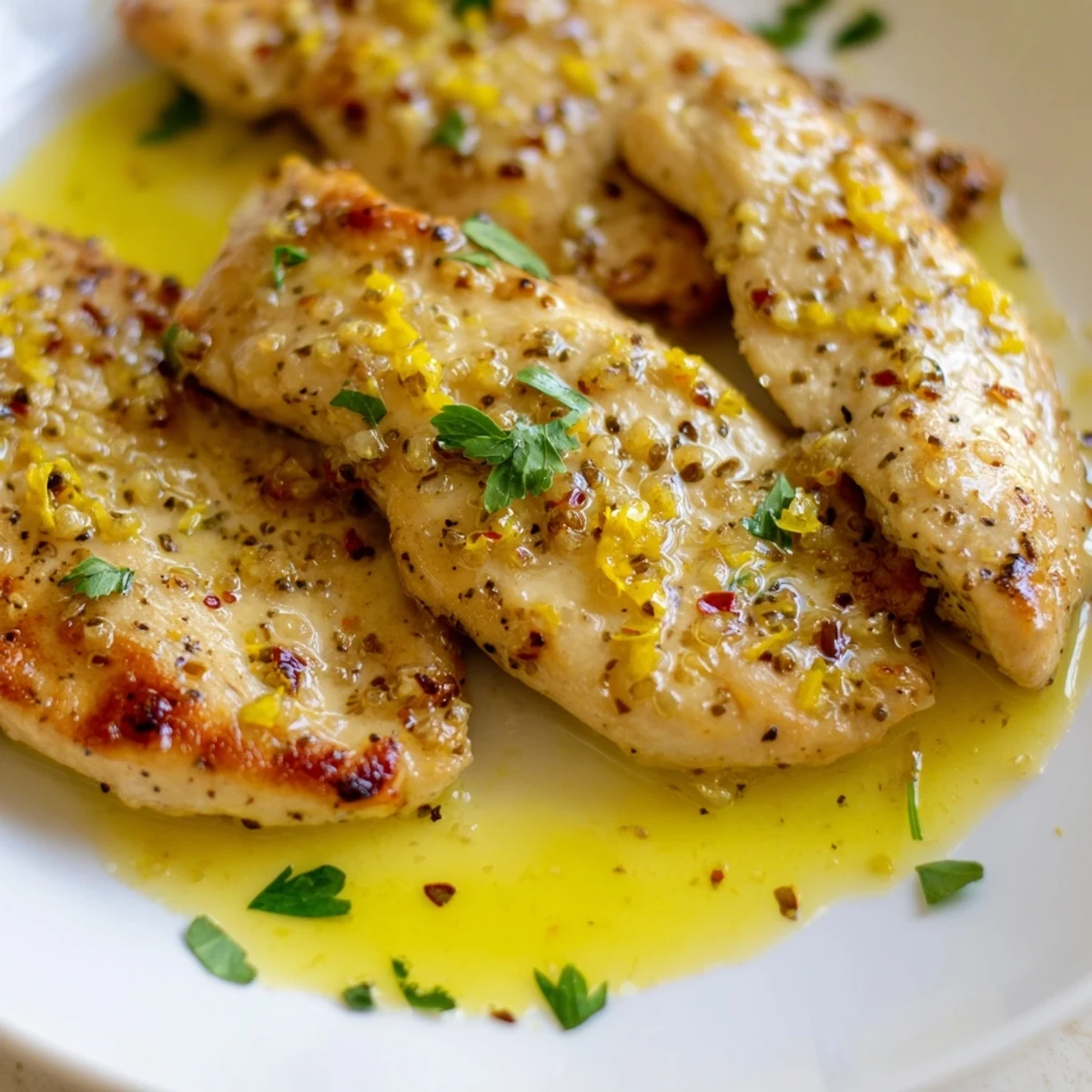 Golden-brown Lemon Pepper Chicken breasts glazed in zesty lemon-pepper butter sauce, served alongside fluffy white rice and steamed green beans.