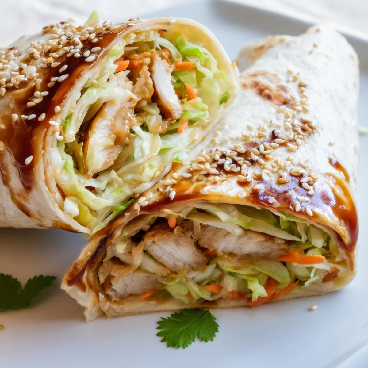 Golden-brown chicken strips glazed in homemade teriyaki sauce, nestled in a soft flour tortilla with crisp shredded cabbage and carrots.  