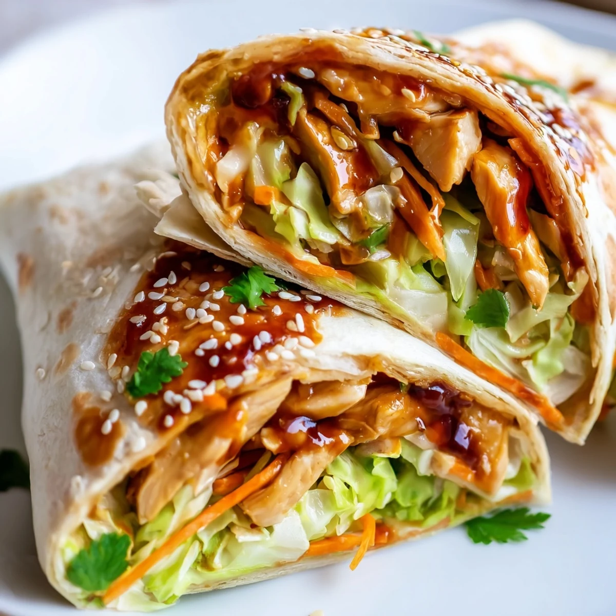 Savory Teriyaki Chicken Wrap filled with tender meat, crunchy vegetables, and a sticky sweet glaze, served on a rustic plate.