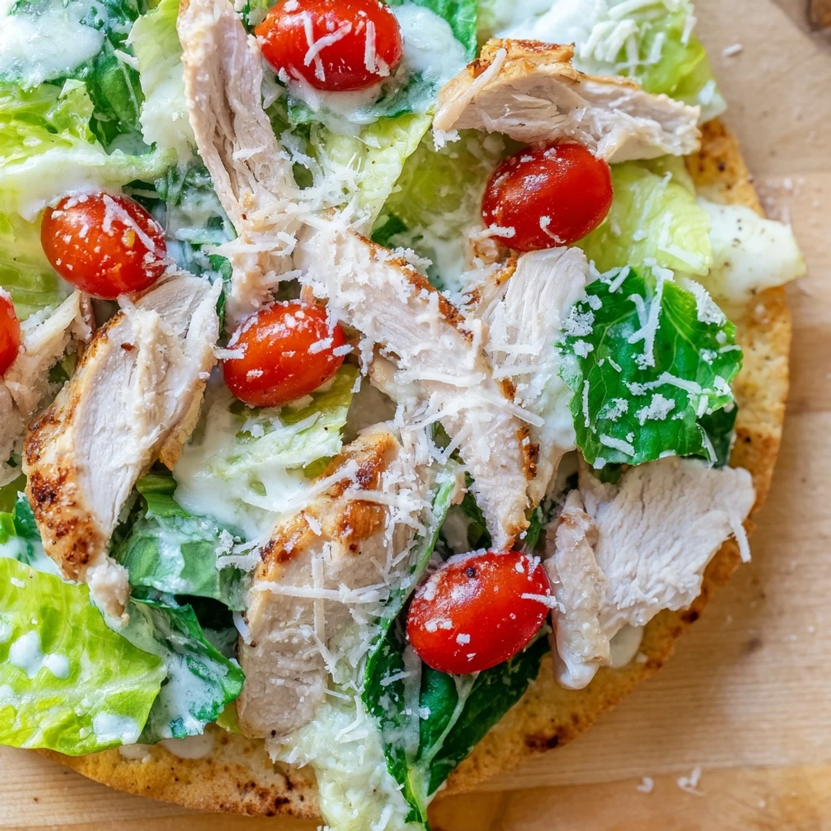 Golden-brown Caesar Chicken Flatbread topped with juicy grilled chicken, fresh romaine, and creamy Caesar dressing on a rustic board.