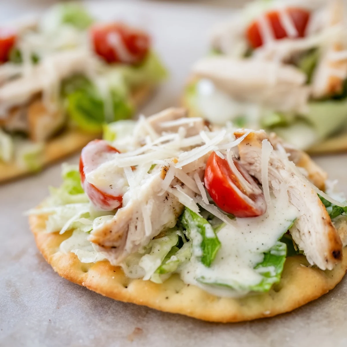 Freshly grated Parmesan and cherry tomatoes garnish the Caesar Chicken Flatbread, served with lemon wedges and extra dressing.