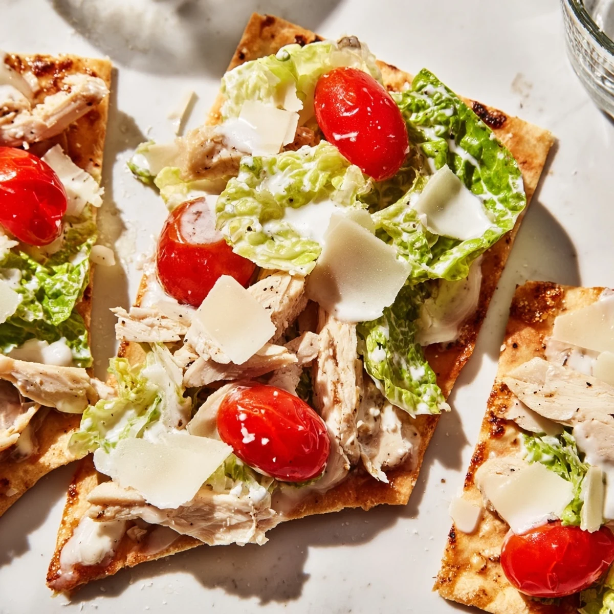 A close-up of Caesar Chicken Flatbread reveals tender chicken slices, crisp lettuce, and melted cheese on warm naan.