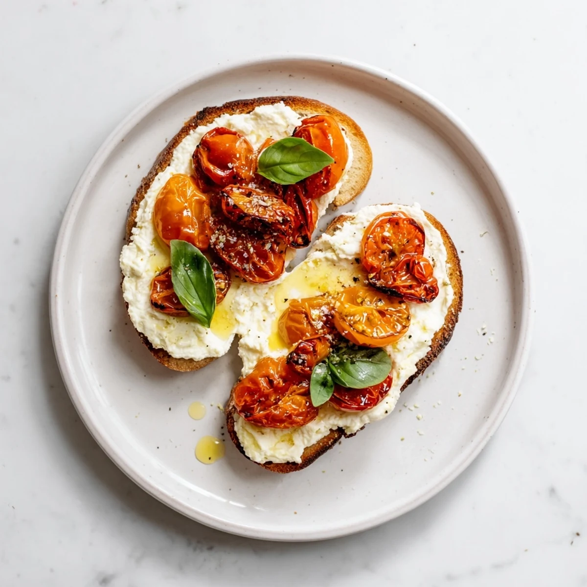 Warm, Mediterranean-inspired tomato ricotta toast on rustic bread, drizzled with olive oil and flaky sea salt.